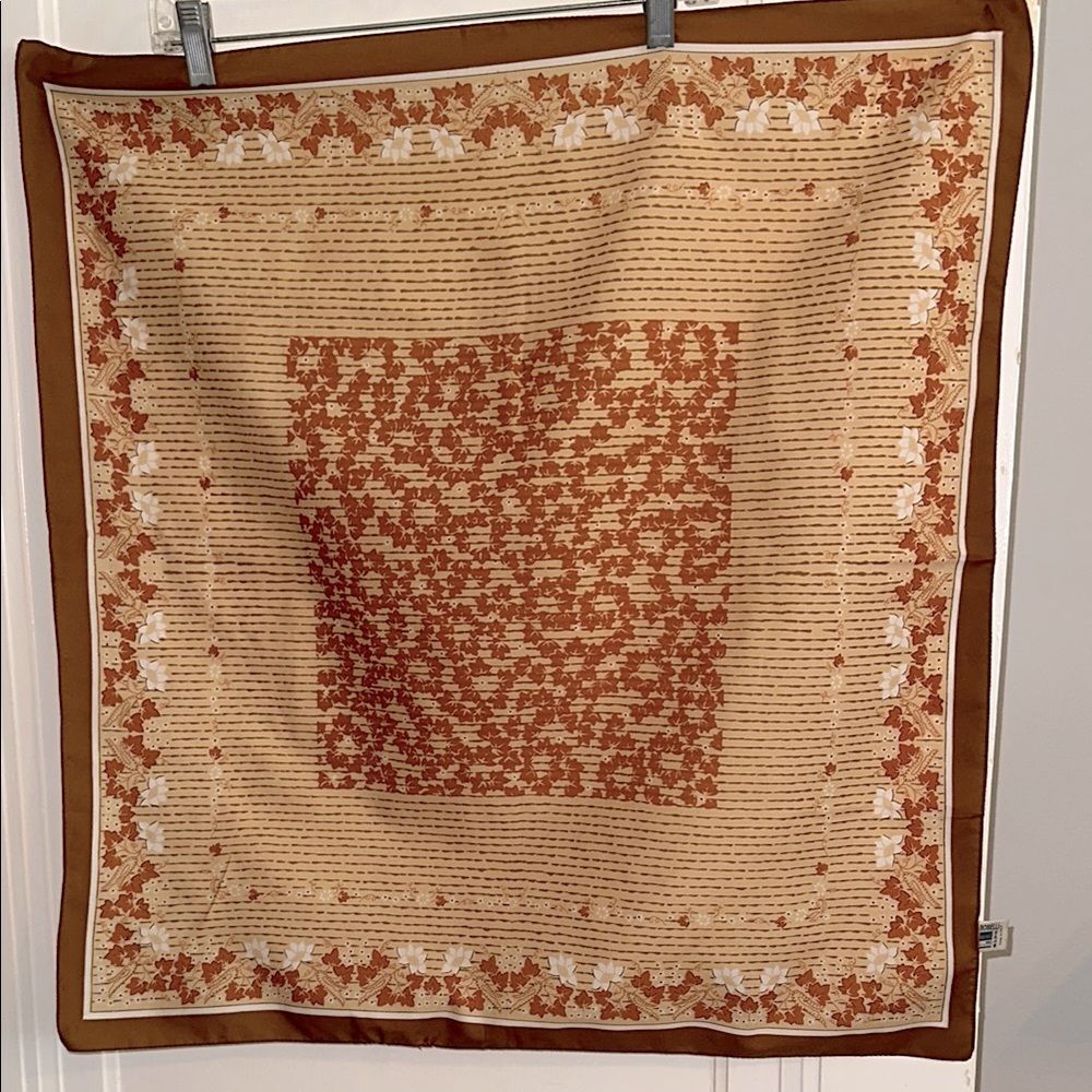 Vintage 70s Boselli Brown, Orange & Cream Leaves & Floral Patterned Scarf